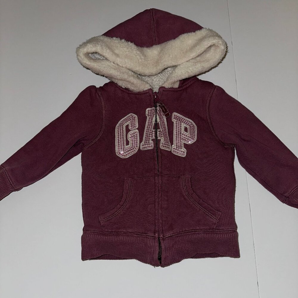 Girls 2yr 2T Baby Gap Logo Purple Zip Up Hoodie GLITTER arch logo